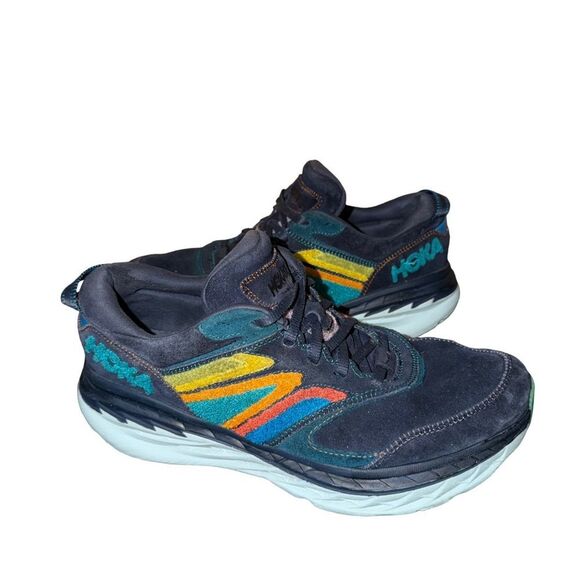 Hoka Bondi L Navy Suede Sneaker with Yellow Orange Teal Womens 13 men’s 12 main image 6